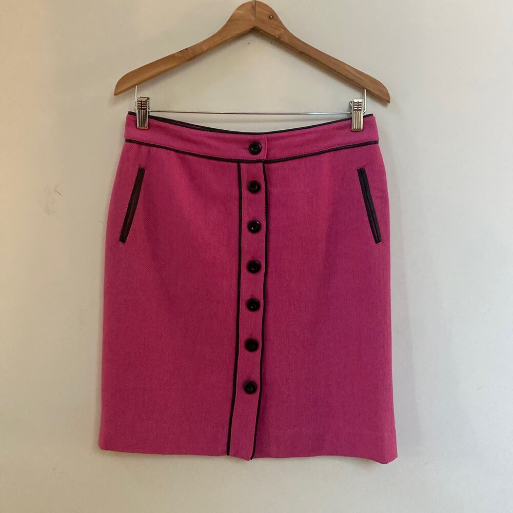 Lilly Pulitzer Full Button Wool Blend Lined Pink Skirt Vegan Leather Trim Size 6